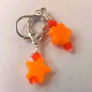 Sparkling Orange Stars And Flowers Dangle Minimalist Earrings Handcrafted